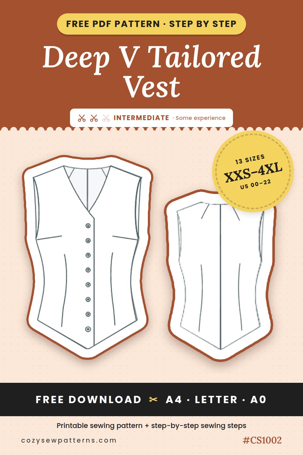 Deep V tailored vest free sewing pattern PDF CS1002, sizes XXS to 4XL, A4, US Letter and A0