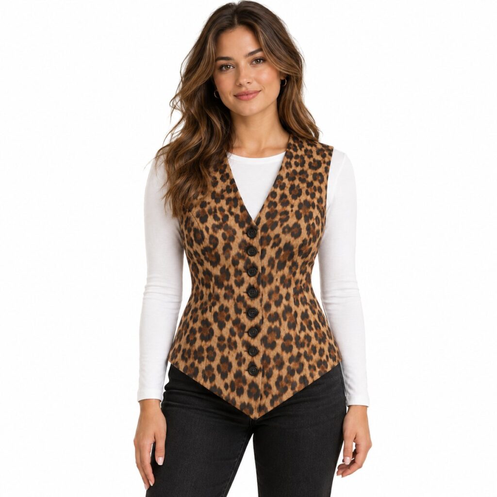 Deep V tailored vest free PDF sewing pattern CS1002 with button front and pointed hem, sizes XXS to 4XL