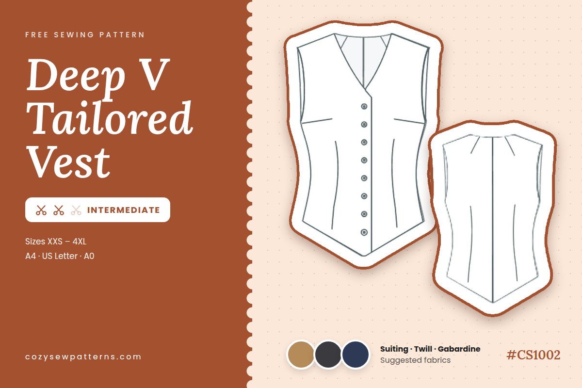 Deep V Tailored Vest free sewing pattern, intermediate level, sizes XXS to 4XL