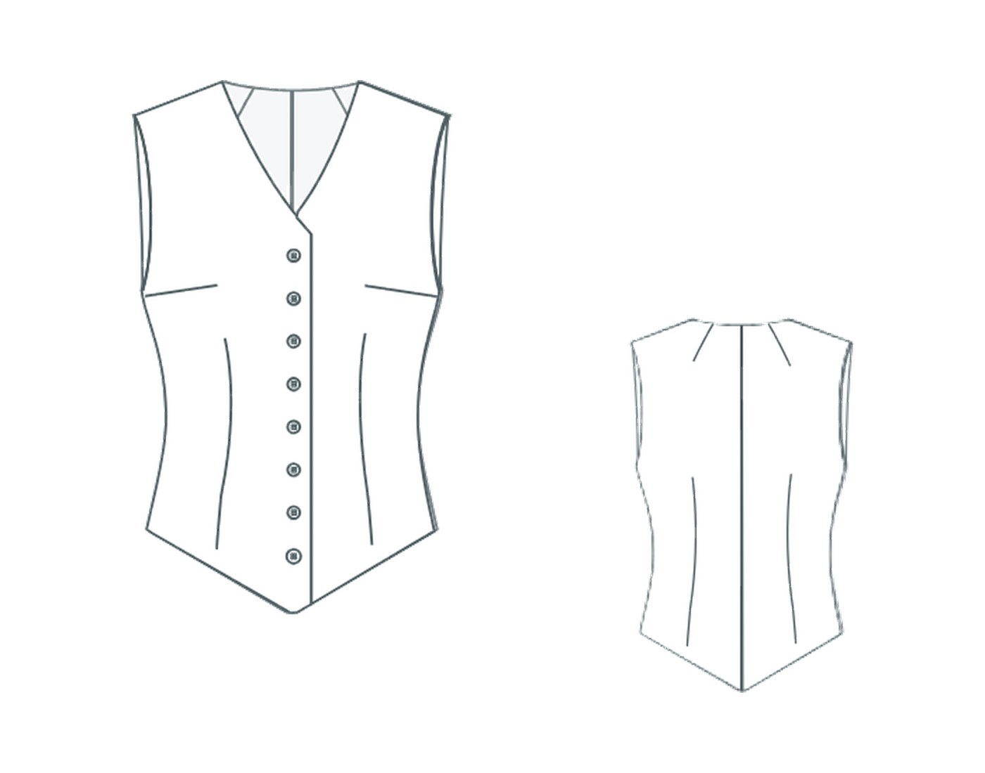 Deep V tailored vest technical sketch, front and back view