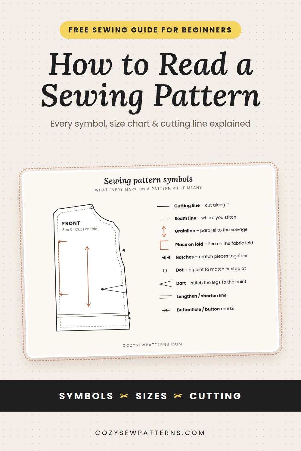 How to read a sewing pattern: sewing pattern symbols, size chart and cutting lines explained for beginners