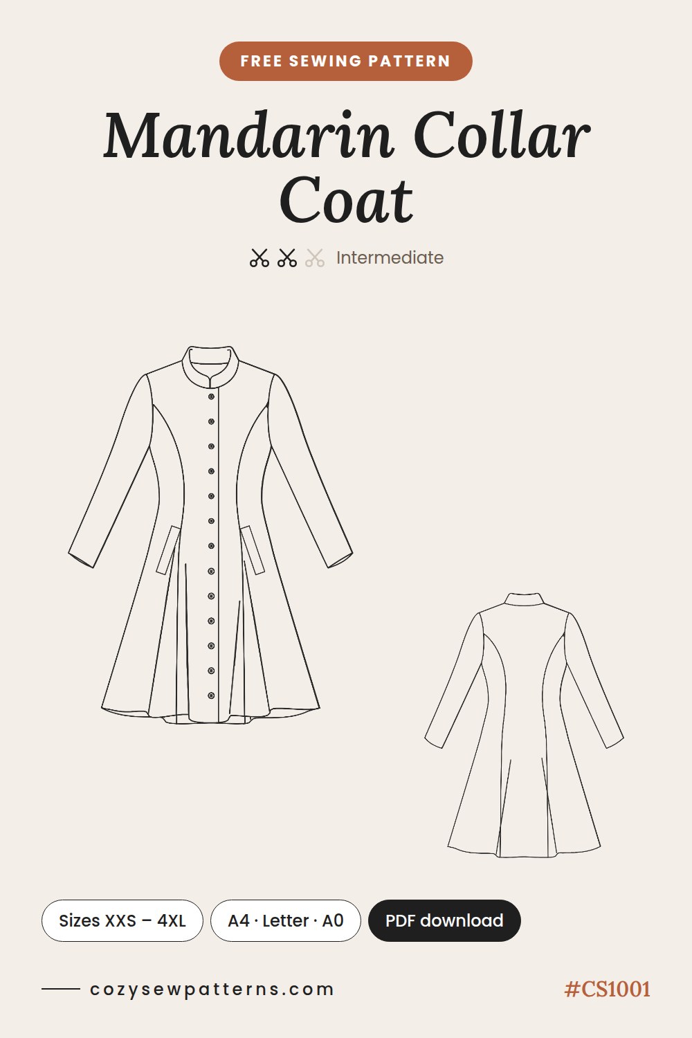 Mandarin collar coat free sewing pattern PDF CS1001, sizes XXS to 4XL, A4, US Letter and A0