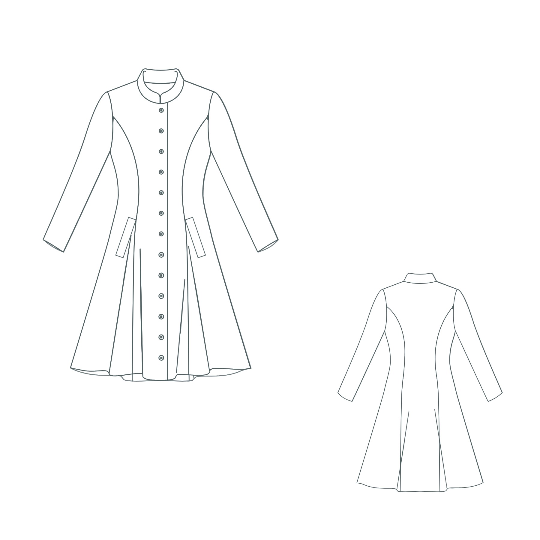 Mandarin collar coat technical sketch, front and back view